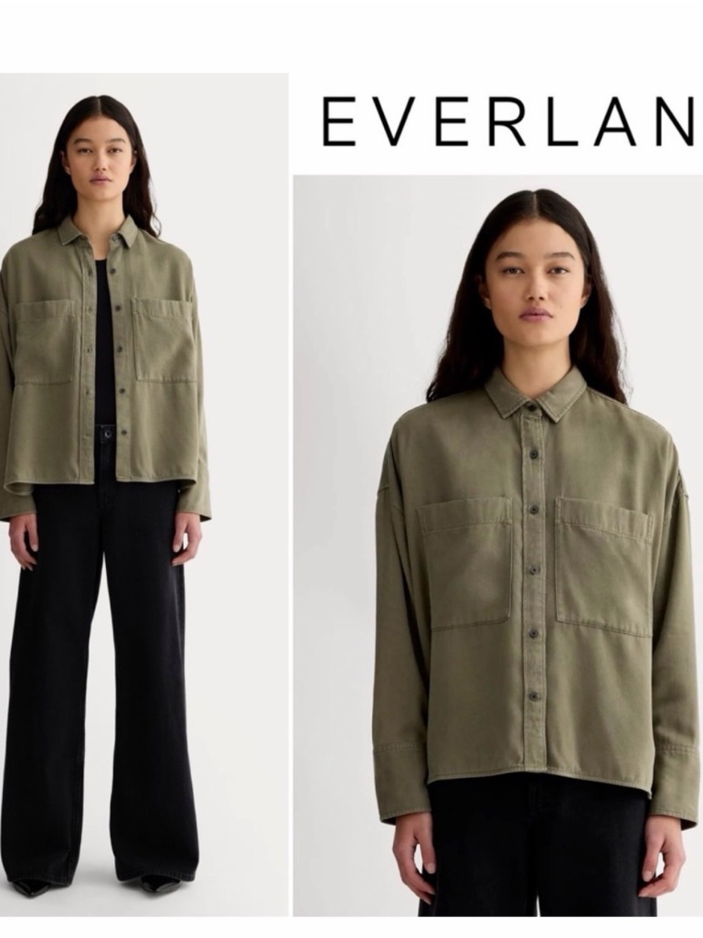 EVERLANE THE BOXY OVERSHIRT SIZE M BUTTERSOFT TENCEL KALAMATA OLIVE